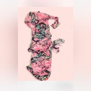 Dragon flower ruched dragon maxi dress with ruched details and matching gloves